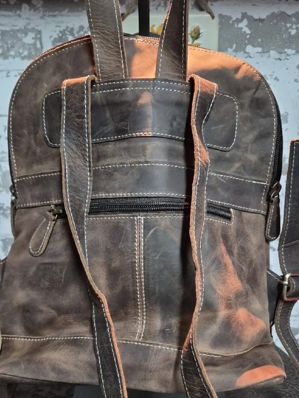 Brown Embroidered Leather Women's Backpack with Matching Wallet & Pouch